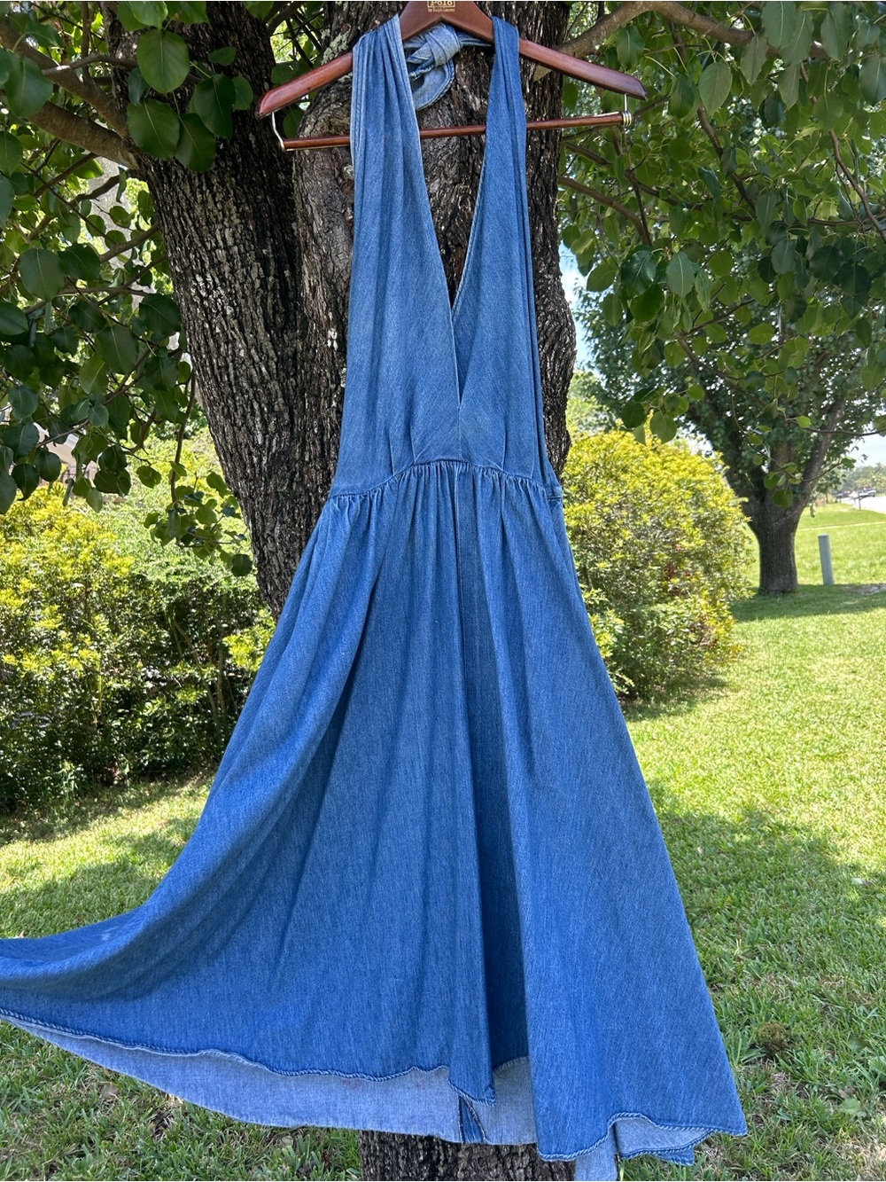 Vintage Polo Ralph Lauren Denim Halter Dress Marilyn Monroe Full Circle Skirt